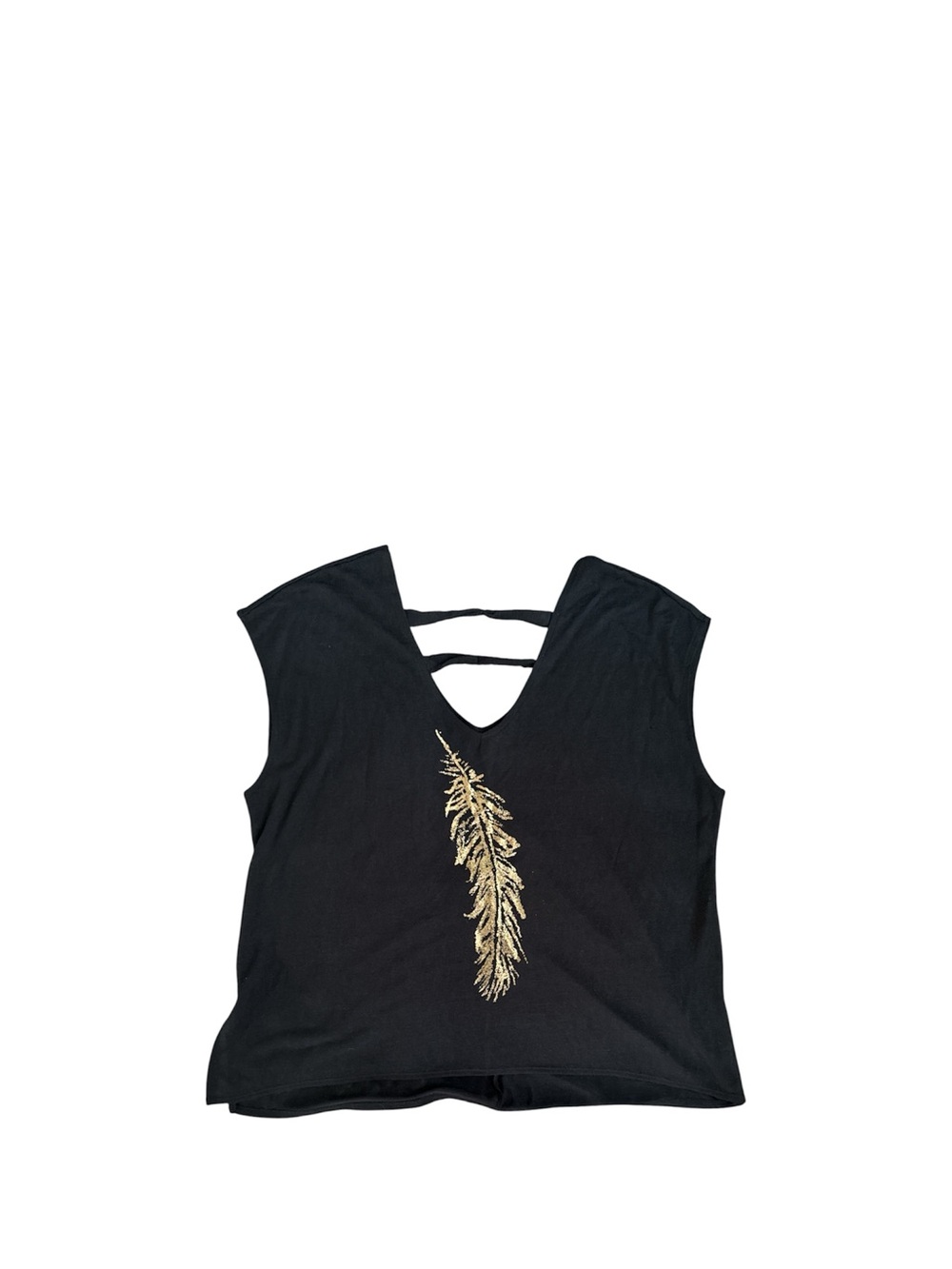 Jessica Simpson Black V-Neck Tank with Gold Feather Detail
